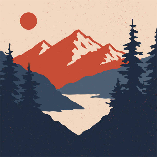 zabytkowy górski krajobraz ze słońcem, górami i lasem. - mountain mountains stock illustrations