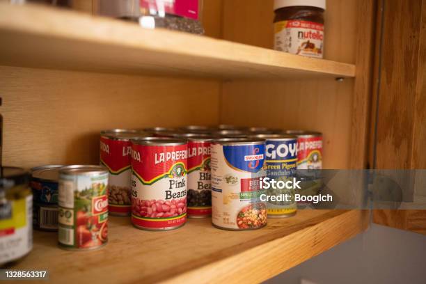 Canned Goods On Kitchen Pantry Shelf Stock Photo - Download Image Now - Pantry, Can, Canned Food