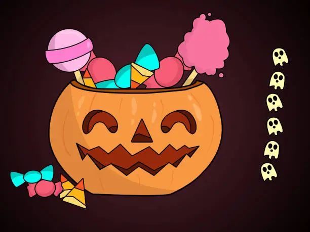 Vector illustration of Halloween pumpkin with smile with candy inside of different colors and flavors on a dark icing background