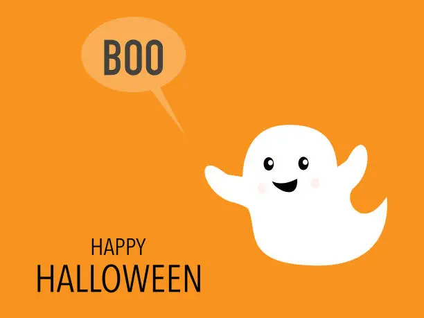 Vector illustration of Ghost with a comic balloon that says Boo and a sign that says happy halloween