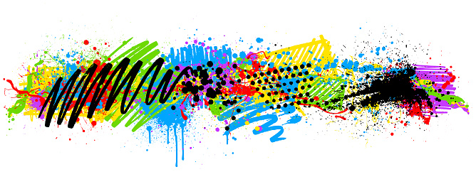 Rainbow paint splatters and marker pen on white vector background