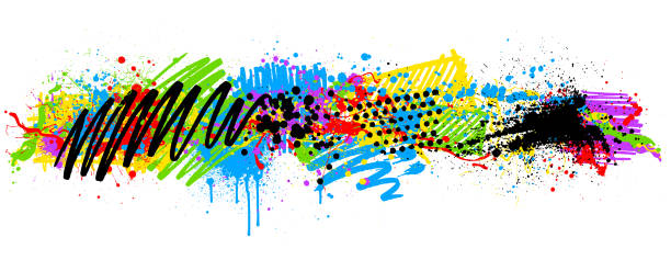 Rainbow paint splash marker pen background Rainbow paint splatters and marker pen on white vector background pen and marker stock illustrations