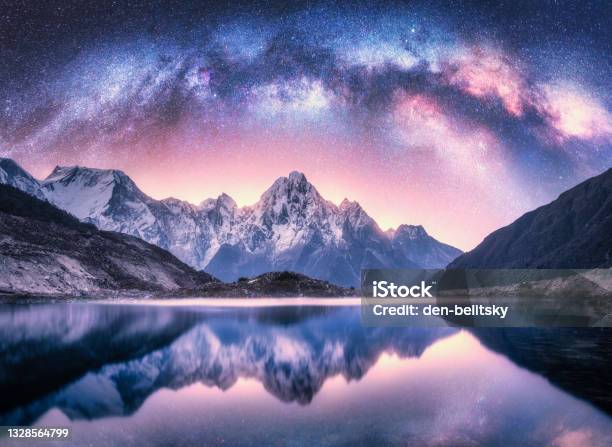 Milky Way Over Snowy Mountains And Lake At Night Landscape With Snow Covered High Rocks Purple Starry Sky Reflection In Water In Nepal Sky With Stars Bright Milky Way In Himalayas Space Nature Stock Photo - Download Image Now