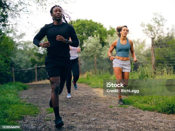 Diverse Group Of Runners On A Trail Stock Photo - Download Image Now - Cross-Country Running, African-American Ethnicity, Jogging