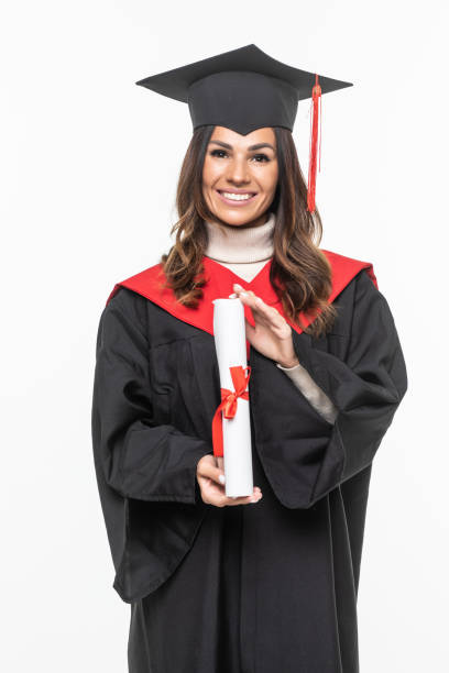 istock Graduate Woman Holding Certificate Isolated On White 1328566884
