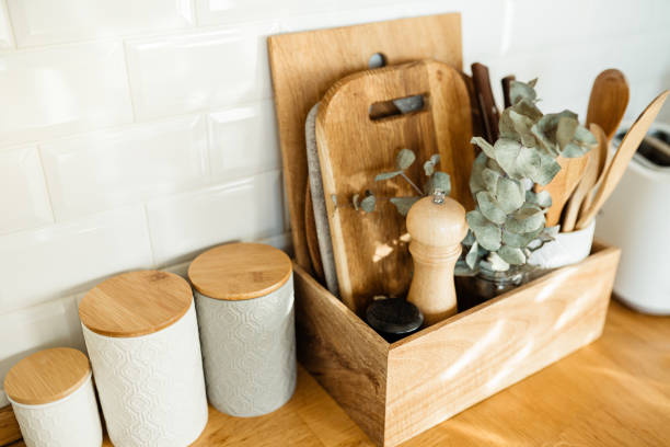 istock kitchen details, accessories, ceramic jars, wooden table 1328567939