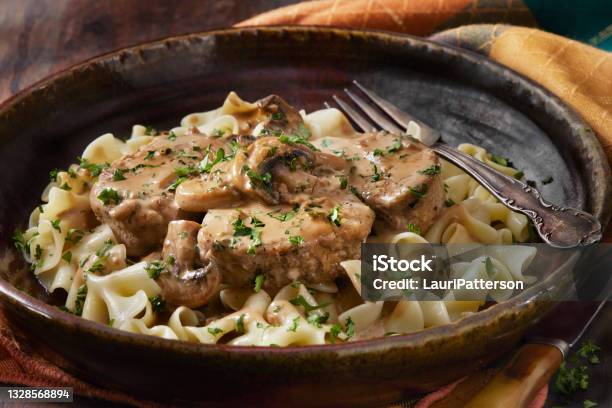 Pork Tenderloin Medallions In A Creamy Mushroom Sauce Stock Photo - Download Image Now