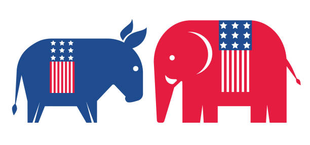 Vector illustration of donkey and elephant. Vector vintage banner with simbols of democratic and republican parties in USA. Vector illustration of donkey and elephant. democratic party logo stock illustrations