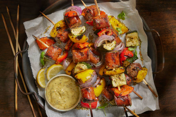 istock Italian Sausage and Pepper Kebabs with Spicy Mustard Dip 1328570077