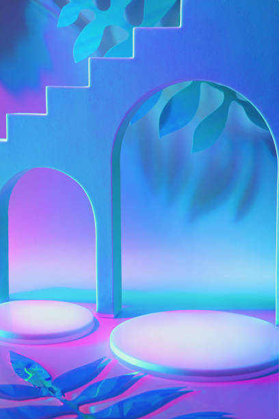 istock empty scene with cylinder podiums on holographic neon colored background 1328572939