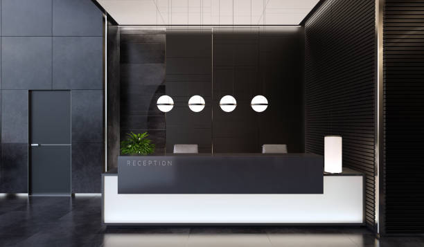 istock Modern Black Offices lobby interior area with  long reception desk 1328576295