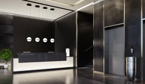 Photo of Modern Black Offices lobby interior area with  long reception desk