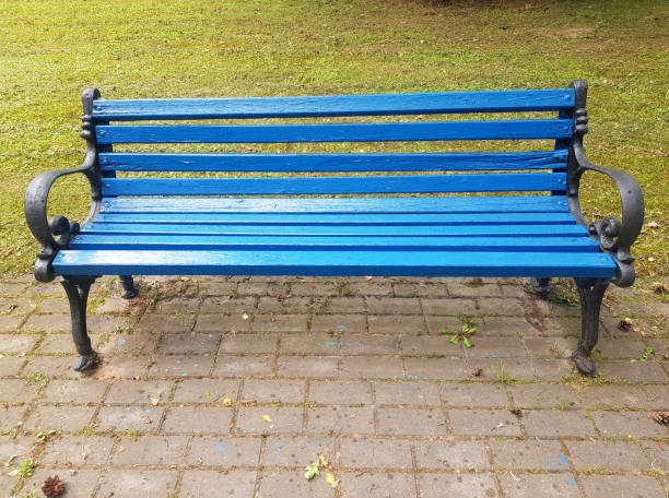 istock A blue wooden bench in close-up. Park bench for recreation 1328578355