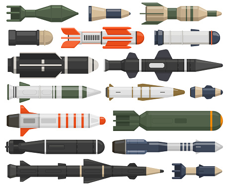 Military rocket weapon. Ballistic weapons, nuclear, aerial bombs, cruise missiles and depth charges vector illustration set. Army military rockets