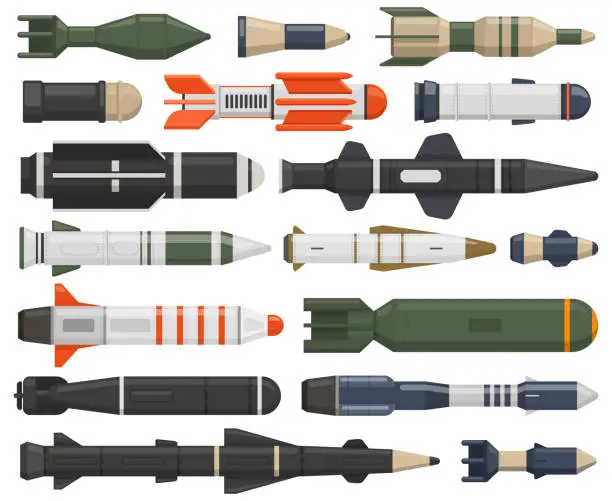 Vector illustration of Military rocket weapon. Ballistic weapons, nuclear, aerial bombs, cruise missiles and depth charges vector illustration set. Army military rockets
