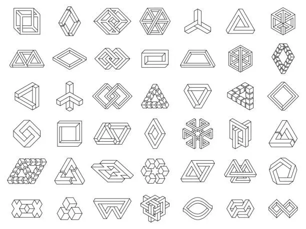 Vector illustration of Impossible geometric shapes. Paradox geometry line figures, unexpanded, impossible geometry vector symbols set. Optical illusion geometric symbols