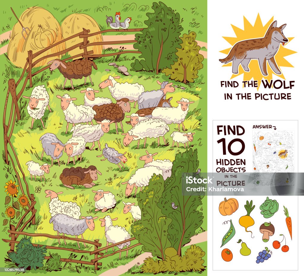 Find The Wolf Among The Sheep Find 10 Hidden Objects Stock Illustration -  Download Image Now - iStock