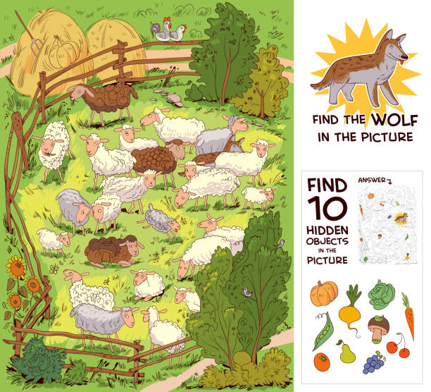 Find the wolf among the sheep. Find 10 hidden objects vector art illustration