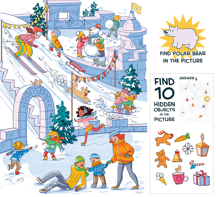 Winter fun. Find 10 hidden objects in the picture. Find polar bear. Puzzle Hidden Items. Funny cartoon character. Vector illustration. Set