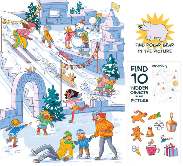 Winter fun. Find 10 hidden objects in the picture Winter fun. Find 10 hidden objects in the picture. Find polar bear. Puzzle Hidden Items. Funny cartoon character. Vector illustration. Set playful set stock illustrations