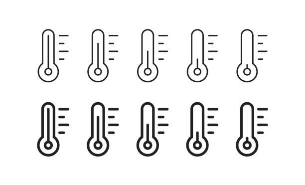 Thermometer icon set. Line heat and cold concept illustration. Temperature indicator simple symbol in vector flat Thermometer icon set. Line heat and cold concept illustration. Temperature indicator simple symbol in vector flat style. temp gauge stock illustrations