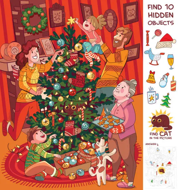 Vector illustration of Family decorates christmas tree. Find 10 hidden objects in the p