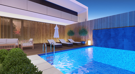 Modern villa with swimming pool. Architecture concept for Real estate. Night scene concept.