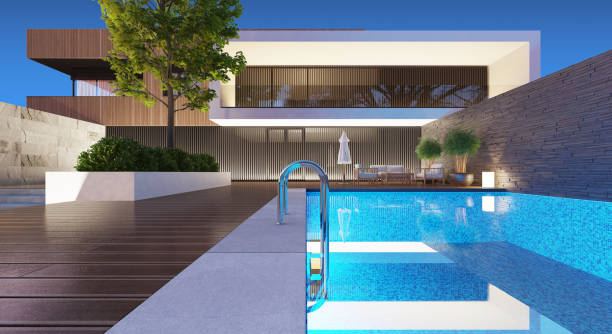istock Modern Luxurious Villa with garden and swimming pool. Night scene. 1328582078
