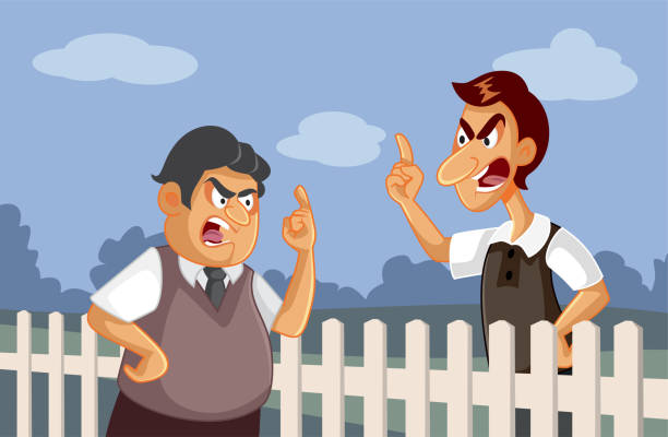 Angry Neighbors Fighting over a Fence Vector Illustration People fighting over private property in the same neighborhood insulting each other out of hate dissent stock illustrations