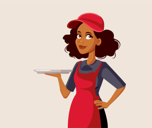 Afro-American Waitress Holding a Tray Vector Illustration Female fast food restaurant worker greeting customers with hospitality diner illustrations stock illustrations