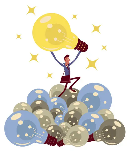 Vector illustration of To find the right business idea when starting a business, a businessman finding a Big Idea and eliminating a heap of outdated ideas (light bulbs)