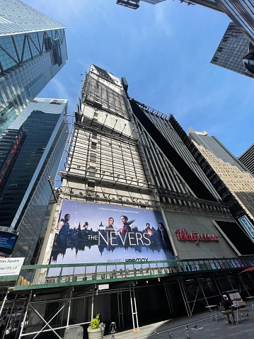 New York, NY USA - May 1, 2021: New York City, Threadbare One Times Square Building During Final Months of Covid-19 Pandemic Crisis