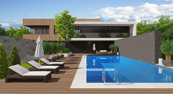 Modern villa with swimming pool. Architecture concept for Real estate.