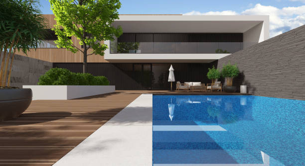 istock Modern Luxurious Villa with garden and swimming pool. 1328585794