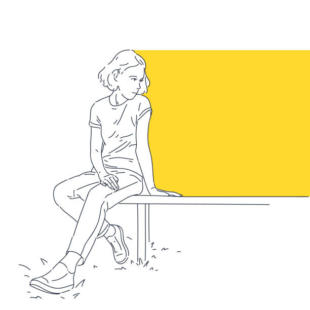 illustrations, cliparts, dessins animés et icônes de la jeune fille est assise sur un banc. un modèle pour placer des informations. une jeune fille en tenue de ville moderne se repose. - bench park park bench silhouette