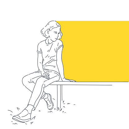 The girl is sitting on a bench. A template for placing information. A young girl in modern street clothes is resting. Hand-drawn vector illustration.