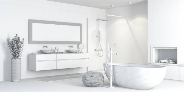 istock Modern minimalist bathroom with fireplace. No textures. 1328586715
