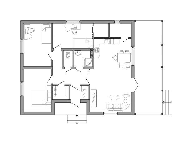 家の黒と白の建築計画。図面ビューで家具とアパートのレイアウト。キッチン、トイレ、リビングルーム、ベッドルーム2室が備わります。ハウスベクトルデザイン。 - bathroom living room contemporary indoors点のイラスト素材／クリップアート素材／マンガ素材／アイコン素材