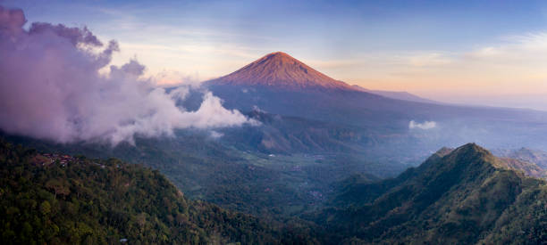Sunrise panorama of the Agung volcano in Bali stock photo