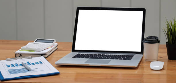 istock Blank screen Laptop computer and poster workspace background in modern office 1328594805