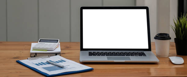 istock Blank screen Laptop computer and poster workspace background in modern office 1328594833