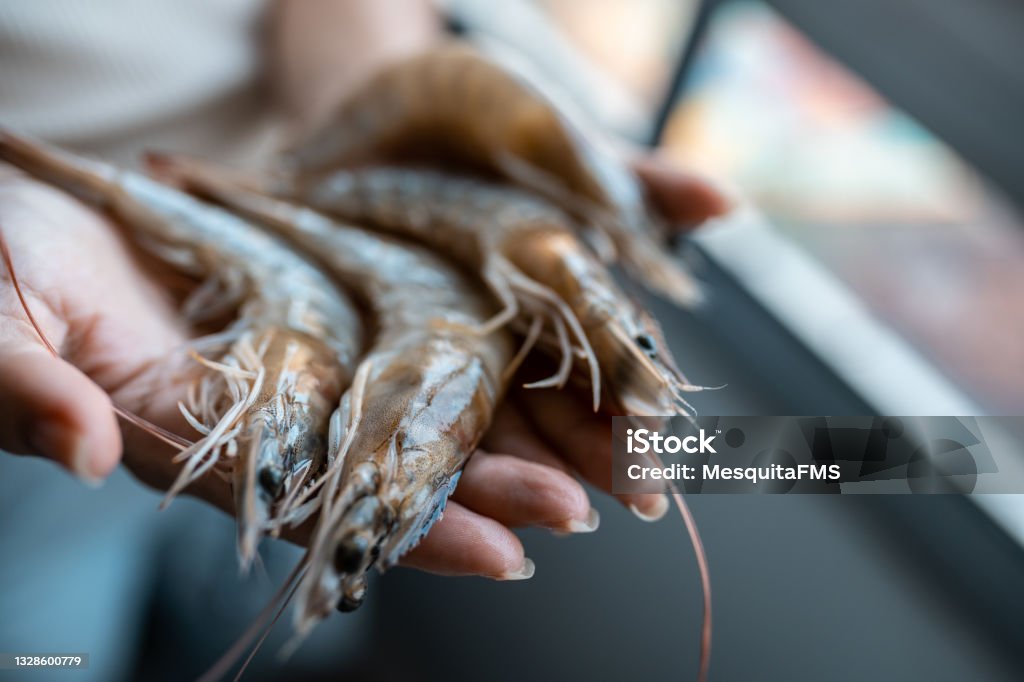 Raw shrimp hands Shrimp, Fishing Market, Raw, Hand Shrimp - Seafood Stock Photo