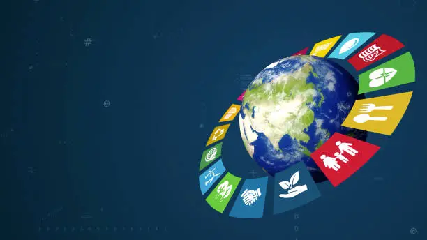 Photo of SDGs (Sustainable Development Goals) concept icon illustration. Elements of this image furnished by NASA. 3D rendering.