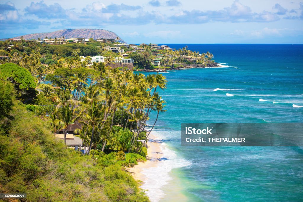 Beach detail from the observatory point of Diamond head highway in Oahu Diamond Head Stock Photo