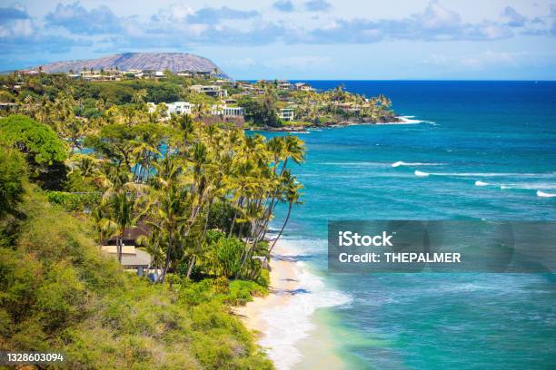 Beach Detail From The Observatory Point Of Diamond Head Highway In Oahu Stock Photo - Download Image Now
