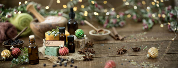 istock Holiday Essential Oils and Handmade Soaps Background 1328603118