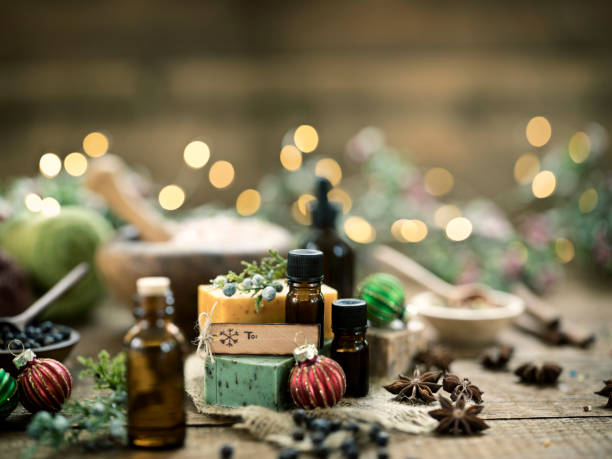 Holiday Essential Oils and Handmade Soaps Background