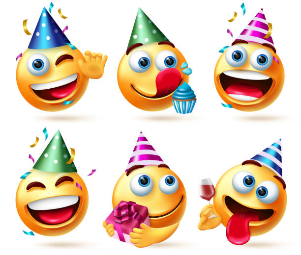 zestaw wektorów urodzinowych buźek. emotikony uśmieszkowe w kapeluszach imprezowych z elementami uroczystości prezentu, babeczki i konfetti na dzień urodzenia szczęśliwy i zabawny projekt kolekcji znaków emoji. - party hat birthday celebration party stock illustrations