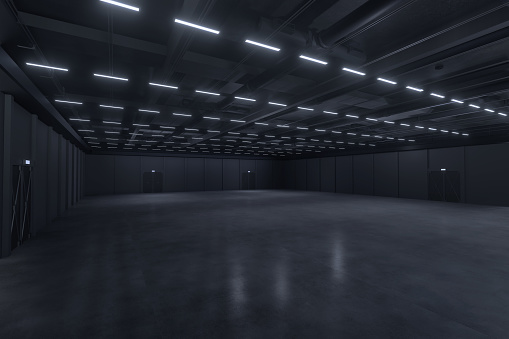 Empty hall exhibition center.Backdrop for exhibition stands,booth elements. Conversation center for conference.Big Arena for entertainment,concert,event. Indoor stadium for sport.warehouse to store products.3d render.