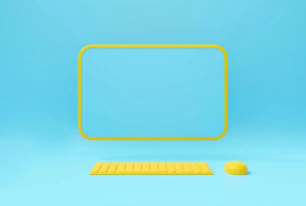 Photo of Cute 3d render of yellow computer display on pastel background abstract with copy space. Modern desktop PC on blue color with keyboard mouse. Creative ideas minimal design. Communication concept.